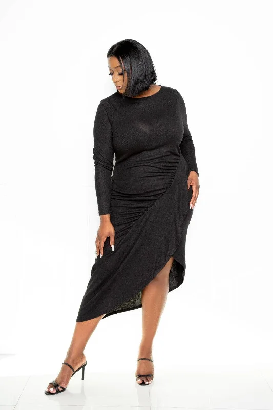 Blue Zone Planet |  Plus Size Asymmetrical Sweater Midi Dress With Waterfall Ruffle