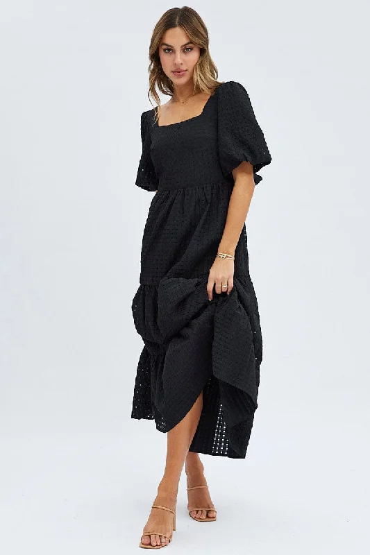 Black Maxi Dress Short Sleeve Tie Back Tiered